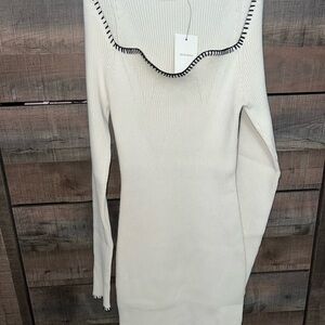 Cream Long Sleeve Dress with Black Trim